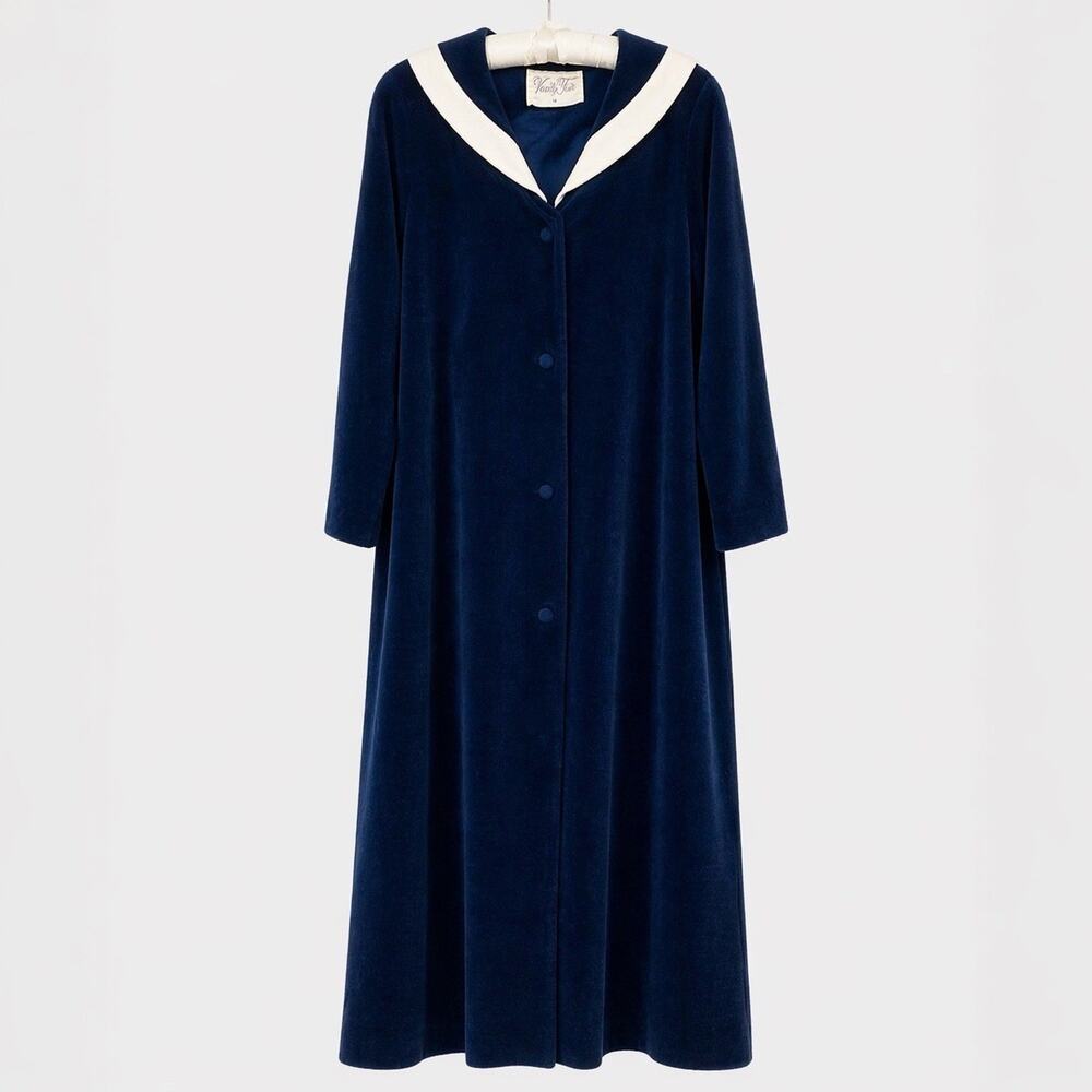 Vintage Blue Velour Robe Long Vanity Fair Womens 16 White Trim Button Housecoat
